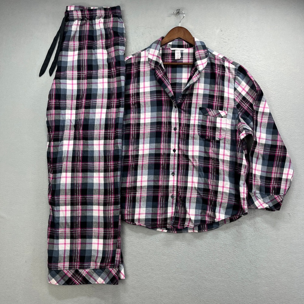 Victoria Secret Pajama Set Womens XXL Pink Plaid Flannel Lurex Sleep Lounge PJs
